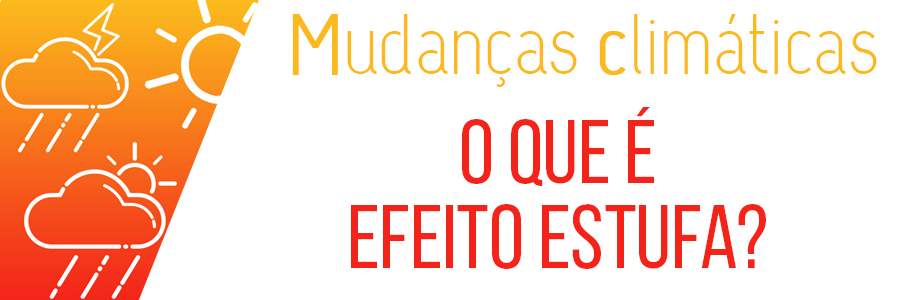 Imagem com recorte degradê de amarelo e laranja no canto esquerdo. Nesse recorte encontra-se representações de duas nuvens de contorno branco, na nuvem superior sai chuva e tem um raio em seu topo, na outra na parte inferior também cai chuva, mas existe um sol em sua parte superior. Do lado direito da nuvem encontra-se a representação de um sol. O lado direito da imagem tem fundo branco, e em seu centro encontra-se a frase "Mudanças Climáticas: O que é efeito estufa?". No centro inferior encontra-se o logo da secretaria do verde e meio ambiente. 